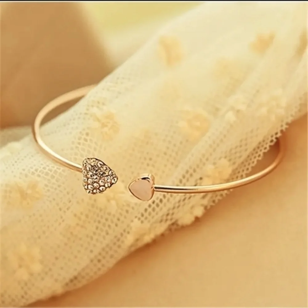 14K‎ Gold Plated Double Heart Open Bangle Bracelet Inlaid with Shiny Rhinestones